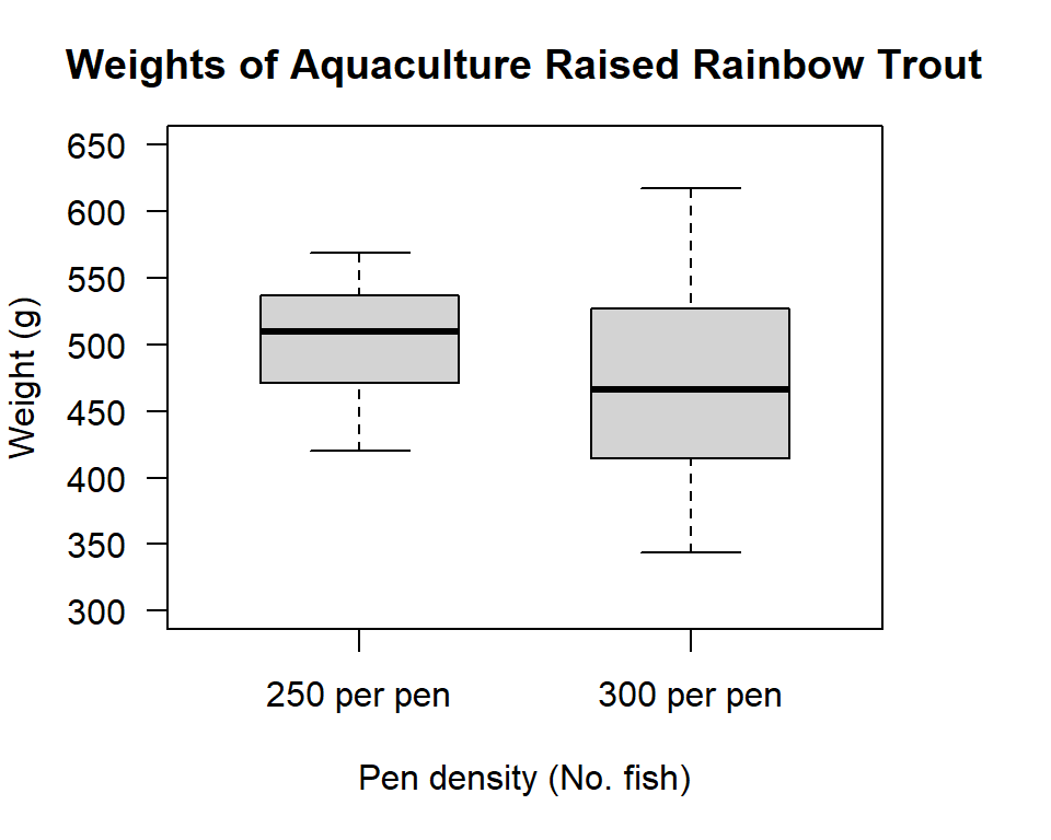 Box plot of rainbow trout weight distributions from two aquaculture pen densities (250 fish/pen and 300 fish/pen)