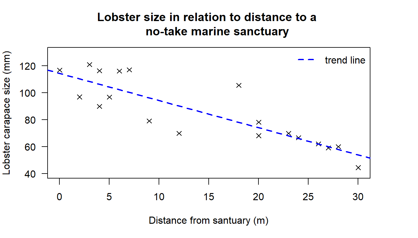 Scatter plot showing the relationship between distance to a no-take marine sanctuary and lobster carapace sizes, including linear model trend line